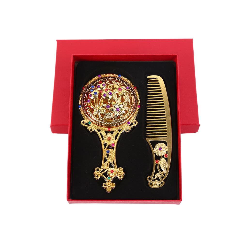 Conjunto de Espelho e Pente com Cabo de Design Oco em Dourado