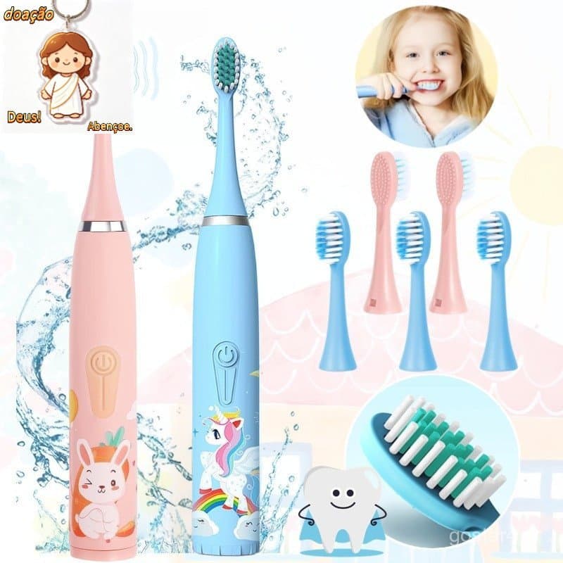 Escova Dental Elétrica Ultra-Sônica Para Crianças Acústica Onda Fofa Cabelos Suaves Dupla Face Limpa Cuidados-HL