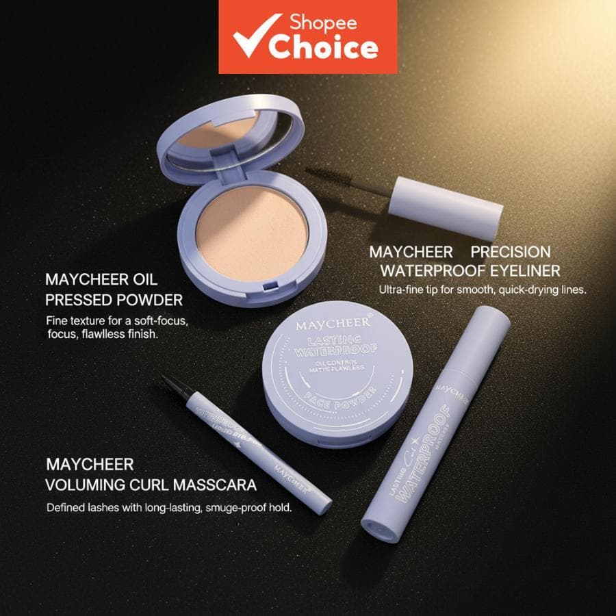 Kit de Maquiagem MAYCHEER: Pó Compacto Matte, Delineador de Precisão e Máscara de Cílios para um Acabamento à Prova de