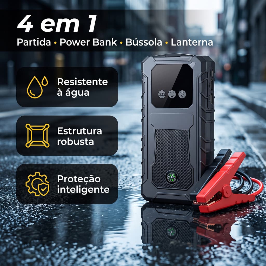 Auxiliar de Partida Veicular 4 em 1 10000mAh | Carregador Portátil Power Bank com Lanterna LED,  para Carros e Motos