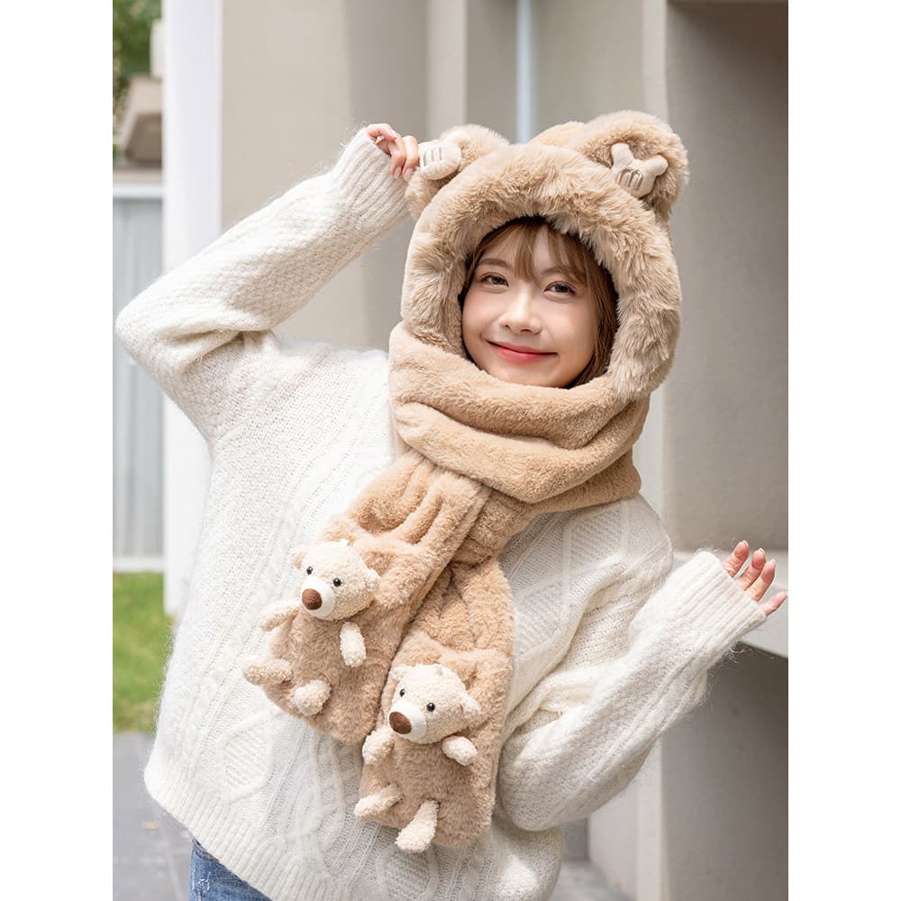 Chapéu de urso feminino cachecol de inverno luvas conjunto de uma peça babador com capuz bonito quente à prova de frio b