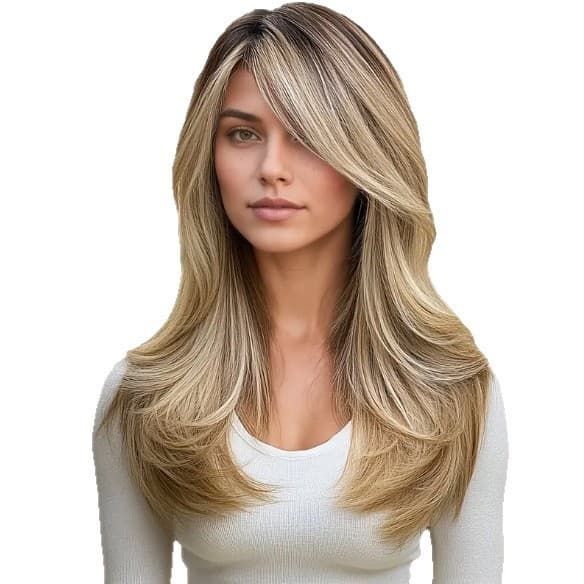Franja elegante de comprimento médio de oito caracteres ligeiramente enrolada em valgo superior tingido luz dourada W