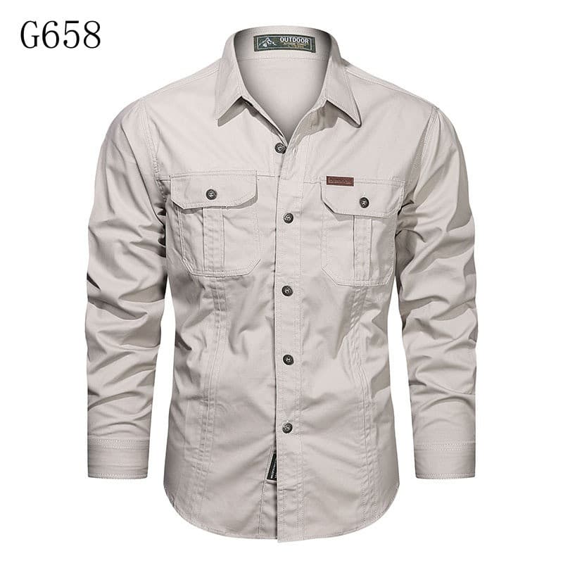 Camisa Cargo 100% Algodão para Homens, Manga Longa, Casual, com Bolso, para Uso Externo, Estilo Militar, Alta Qualidade,