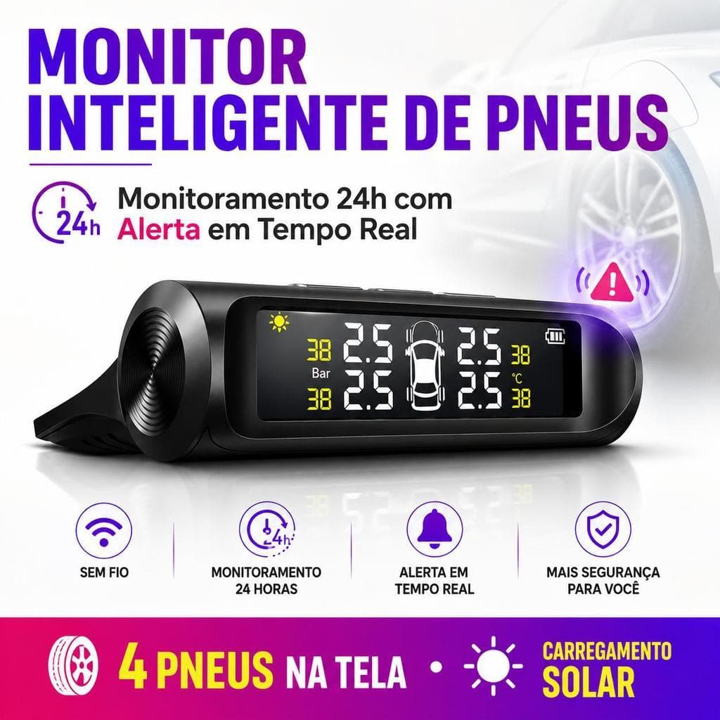 Monitor TPMS Solar Sem Fio Para Pneus Com 4 Sensores Externos Pressão Temperatura