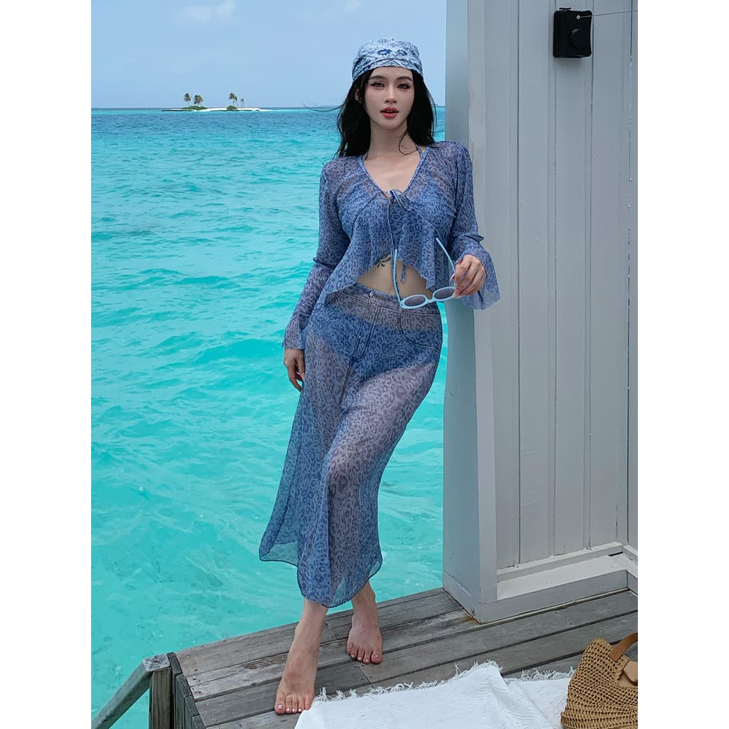 Estilo de férias azul impresso biquíni feminino Split conjunto de quatro peças tamanho grande ligeiramente gordo menina