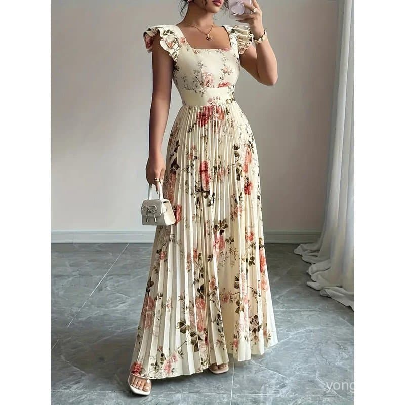 Vestido Midi Elegante Bege Floral Plissado com Decote Quadrado com Babados e Cintura Alta Elástica, Ajuste Justo para Fe