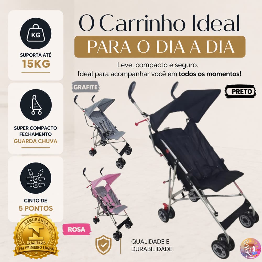 Carrinho De Bebê Guarda-Chuva Passeio Compacto Até15kg Cinto 5 Pontos Tecido Semi-Impermeável