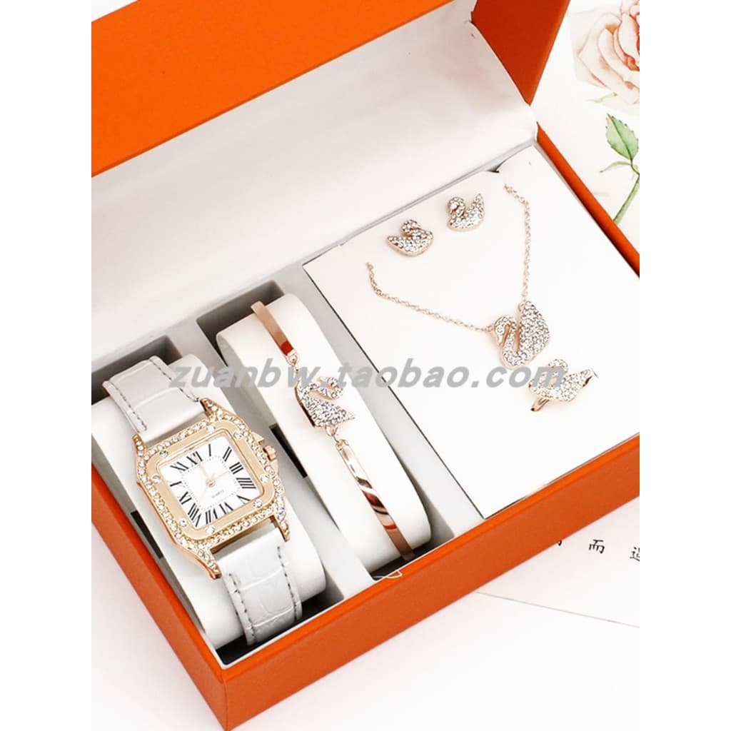 Relógio Feminino Conjunto Presente De Pulso Pulseira Colar Anel De Orelha