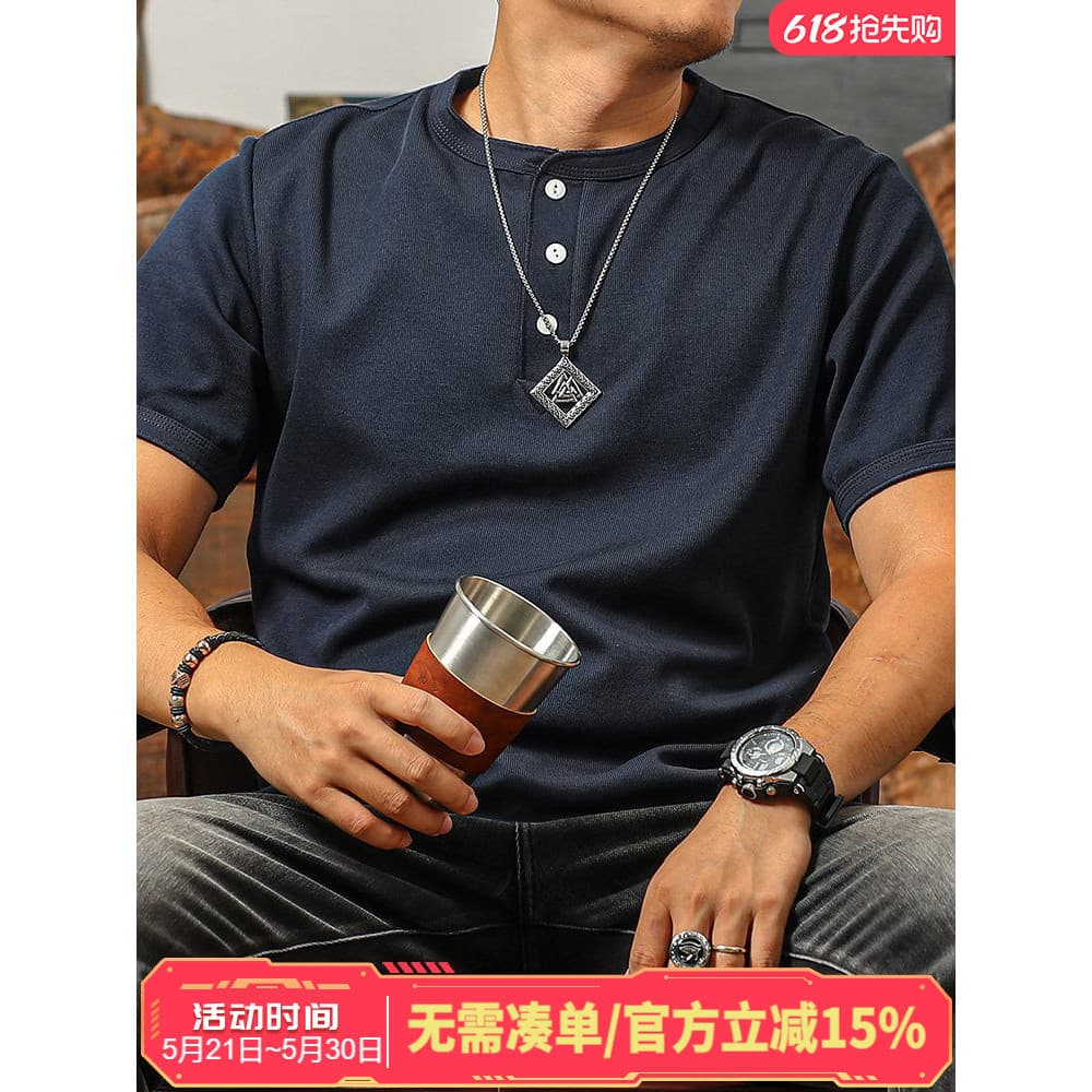 Temporada palavras cara resistente estilo pesado Henry colarinho de manga curta camiseta masculina verão cor sólida All-