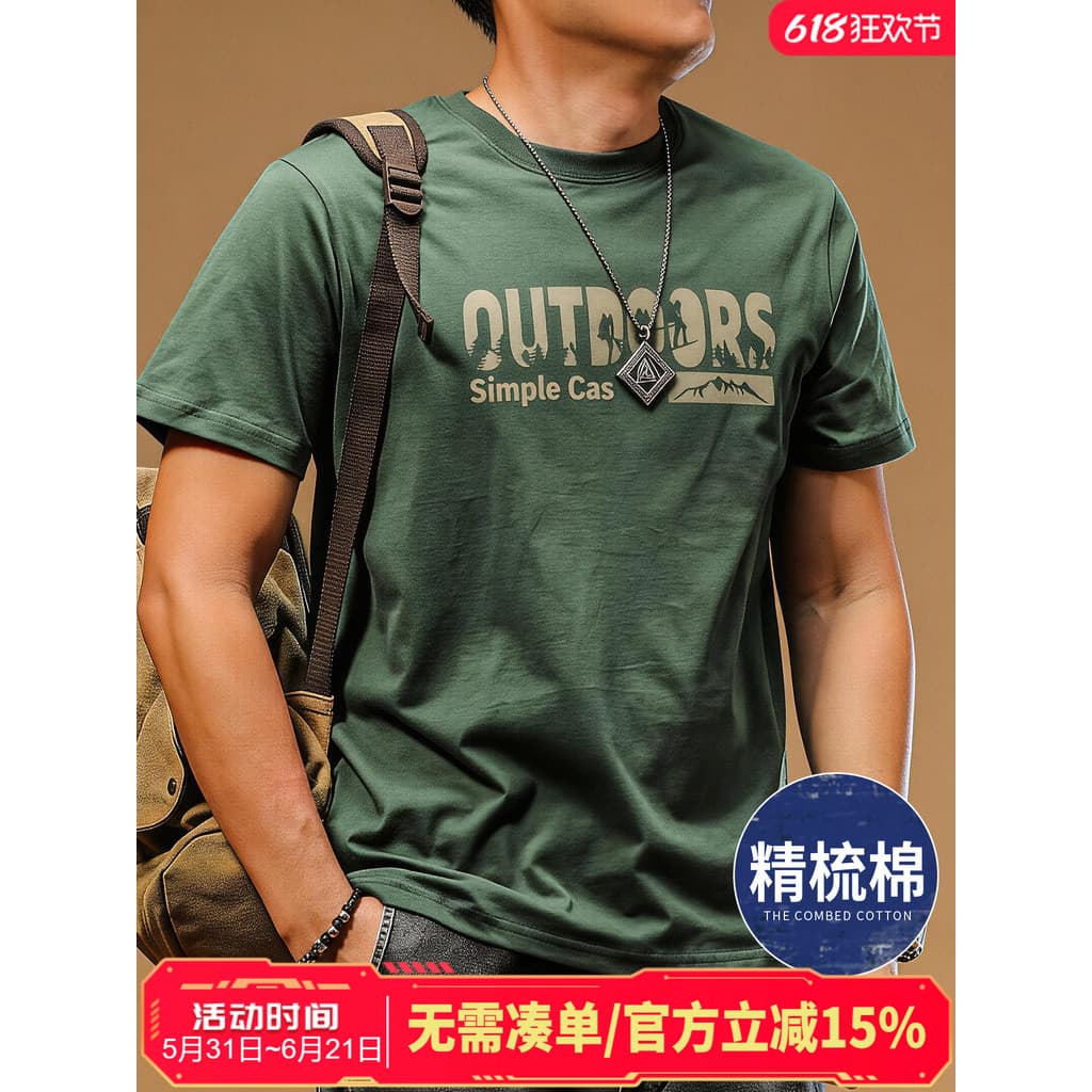 Americano Retro de manga curta masculino 2026 novo estilo puro algodão em torno do pescoço impresso Street Wear Casual r