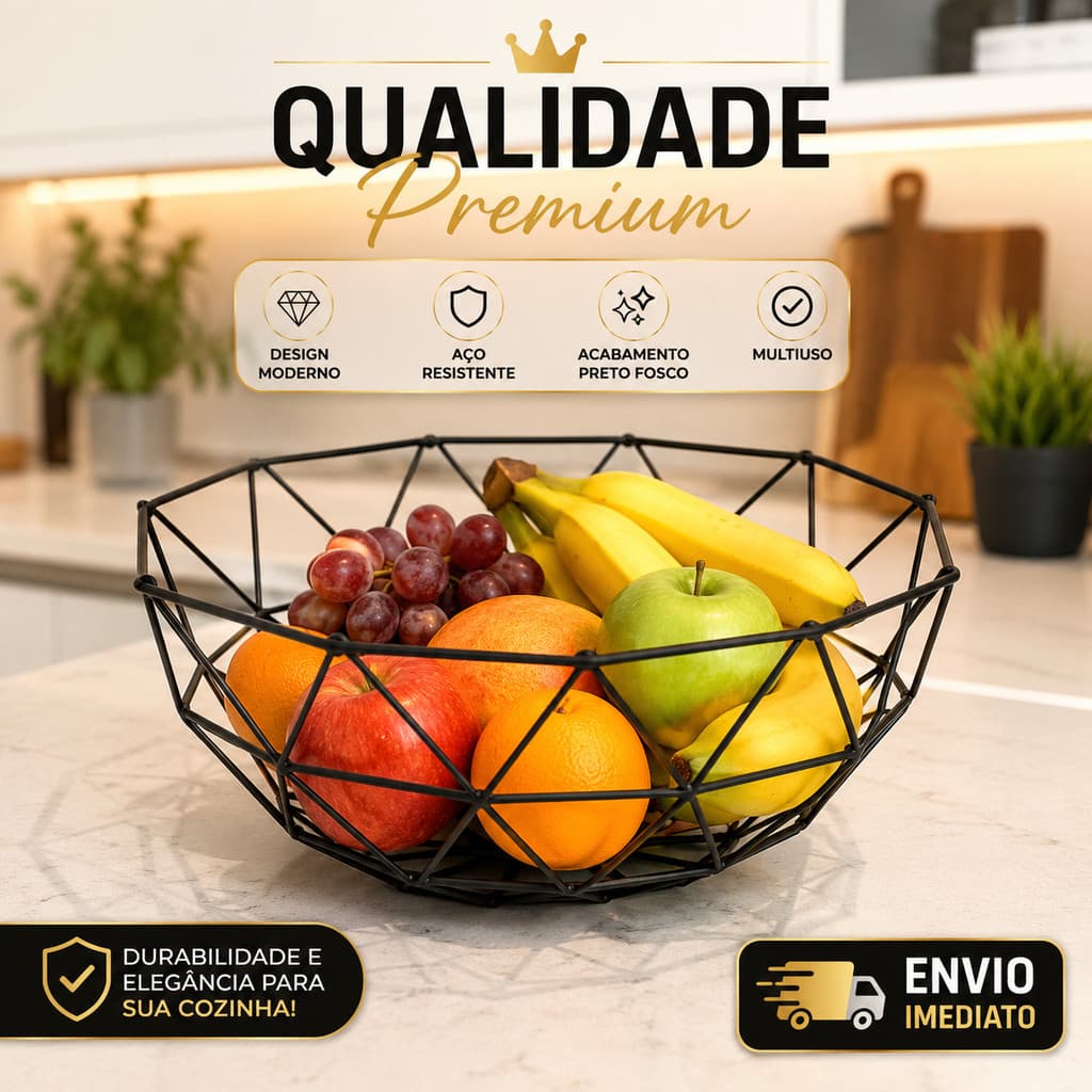 Fruteira de Mesa Preto Vazada Organizador Aramado Geométrico Fruteira para Cozinha Bancada Decoração Multiuso