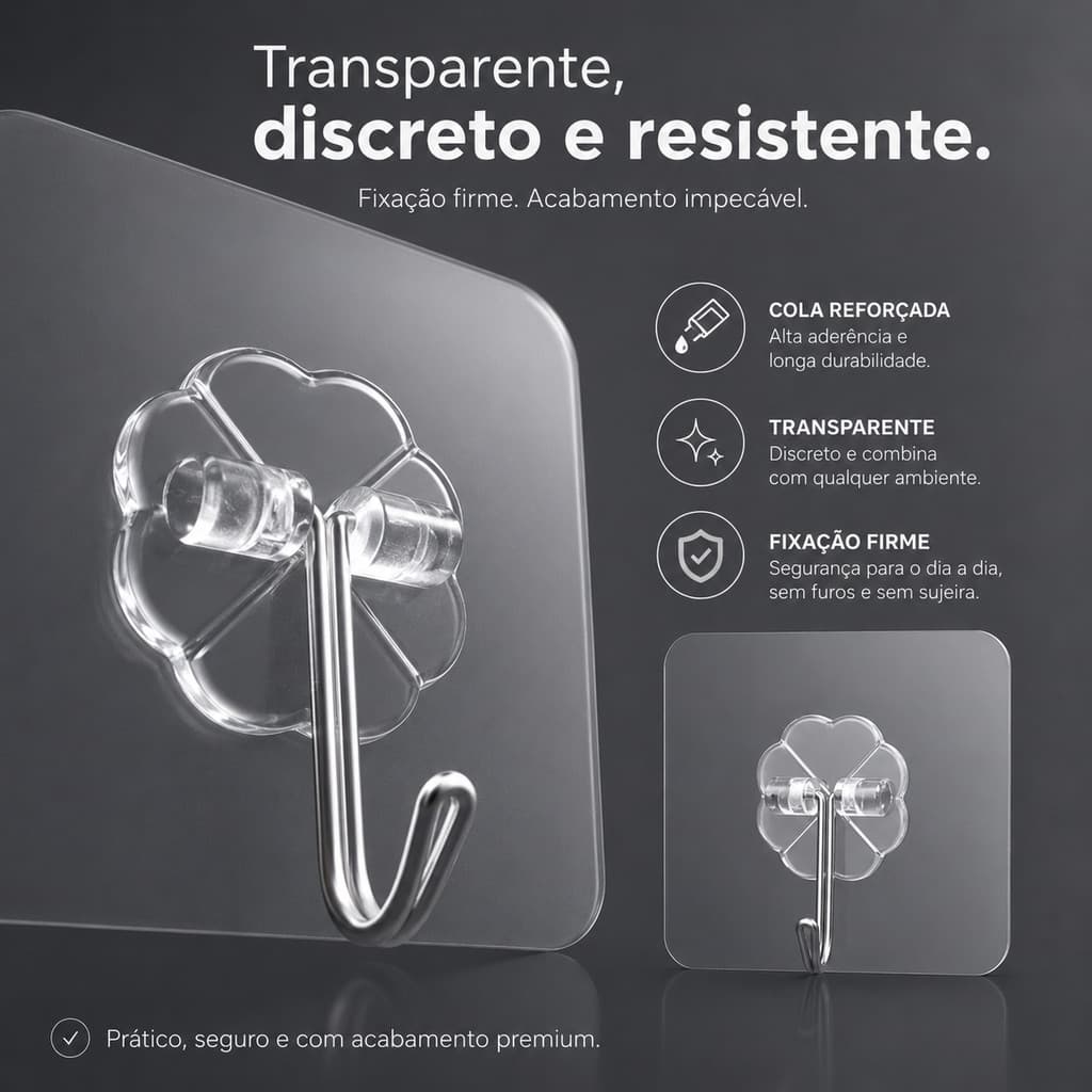 Kit Gancho Adesivo de Parede Multifuncional Transparente Reforçado – Autocolante Premium Antiumidade(4/6/12/24/36 peças)