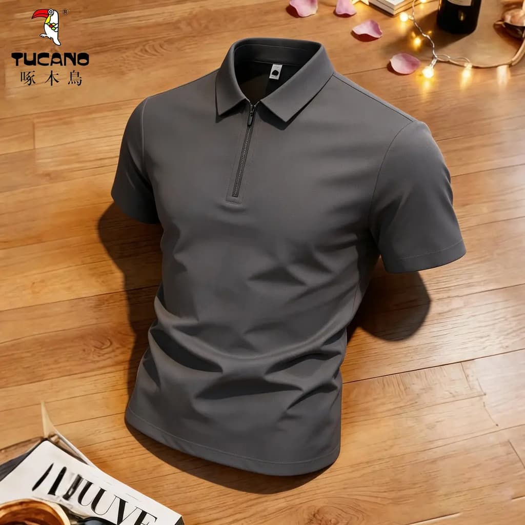 Woodpecker masculino verão gelo seda manga curta camiseta 2026 novo estilo lapela camisa POLO Casual fino ajuste negócio