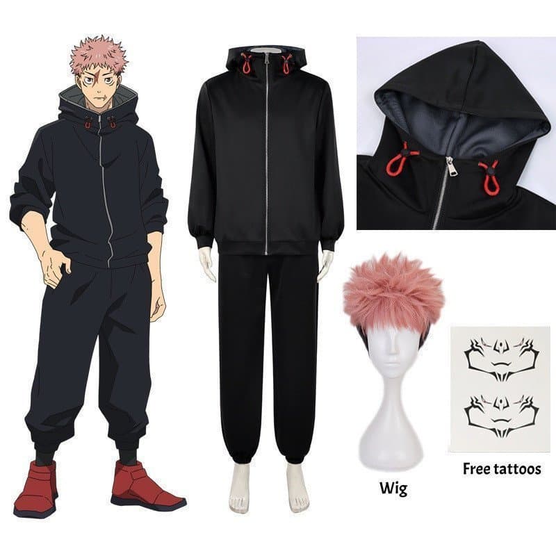 Peruca de Cosplay de Yuji Itadori da Série Jujitsu Fight Sorcery, Jaqueta Preta com Capuz, Uniforme Esportivo Shimetsu K
