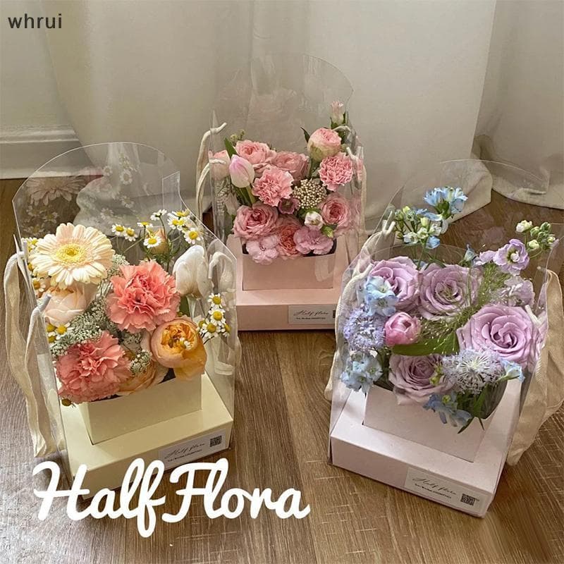 [WHRUI] Caixa De Embalagem De Mão Com Flor Rosa , À Prova D'água , Transparente , Arranjo De Arte De Flores , Papel , Sa