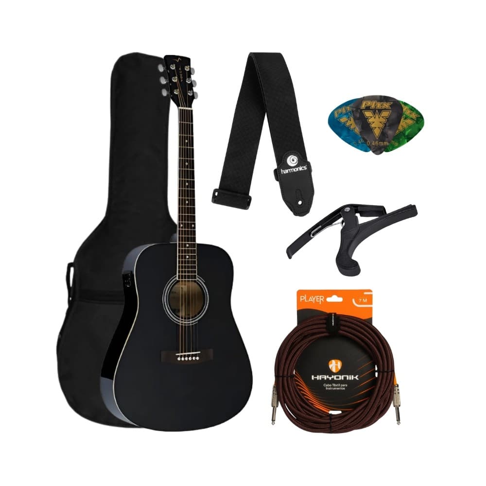 Kit Violão Folk Elétrico Vogga Preto Aço VCK380 + Acessórios