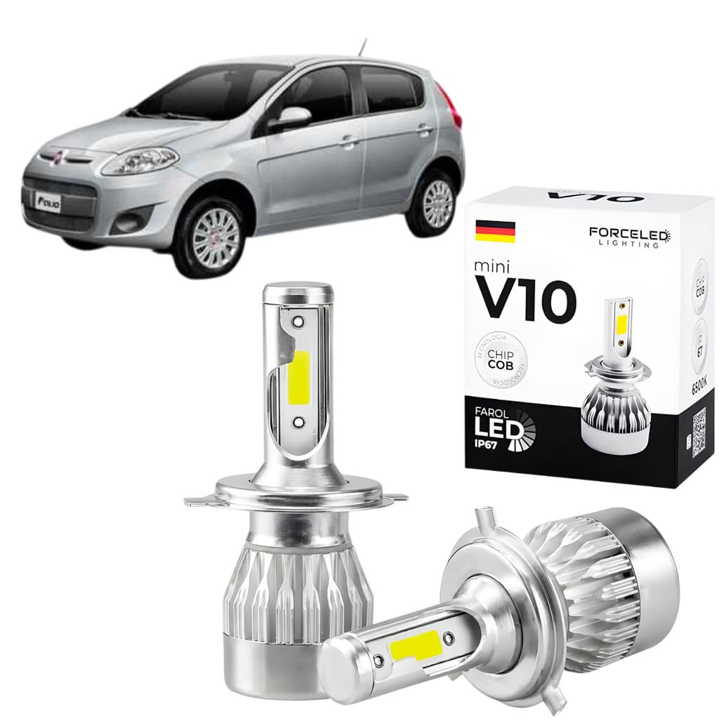 Kit Led de Farol Fiat Palio Full Mini V10 (2 Lamp.) H1 IP67 ChipCob 6500K Cor Branca Com Leve Azulado