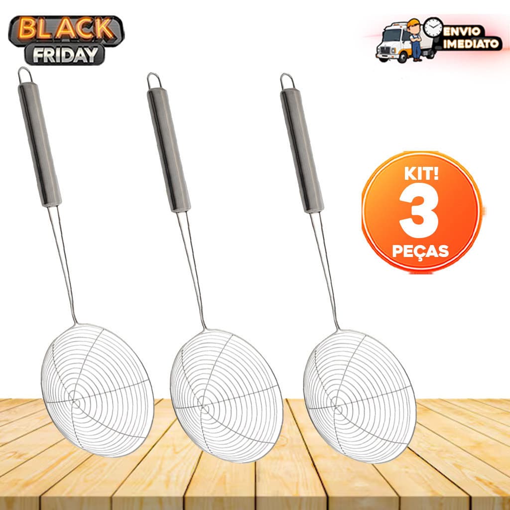 Escumadeira para Fritura – Batata, Pastel e Alimentos – 34cm em Aço Inox – Envio Rápido