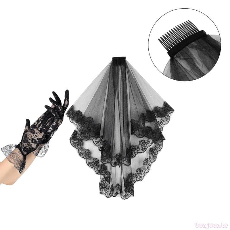 Conjunto Véu E Renda Preta Gótico Para Festa Halloween