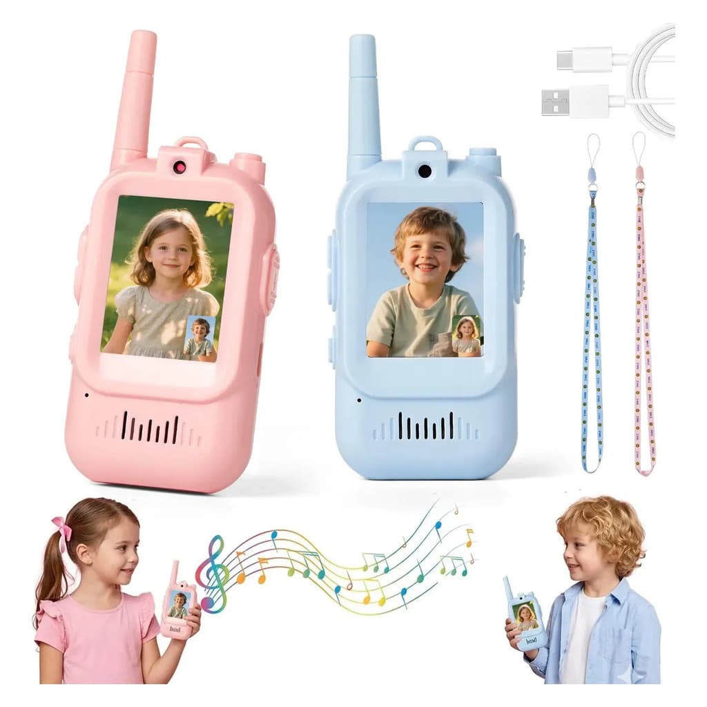 Walkie-Talkie de Vídeo BrincaMundo Para Crianças Com Câmera HD e Tela IPS de 2" Azul e Rosa