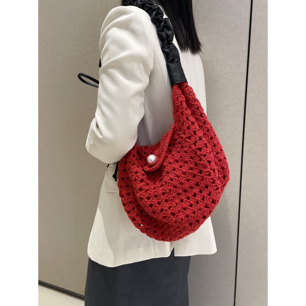 Japão japão coreia do sul novo estilo de grande capacidade Commuter tecido saco feminino cor sólida Retro oco malha saco