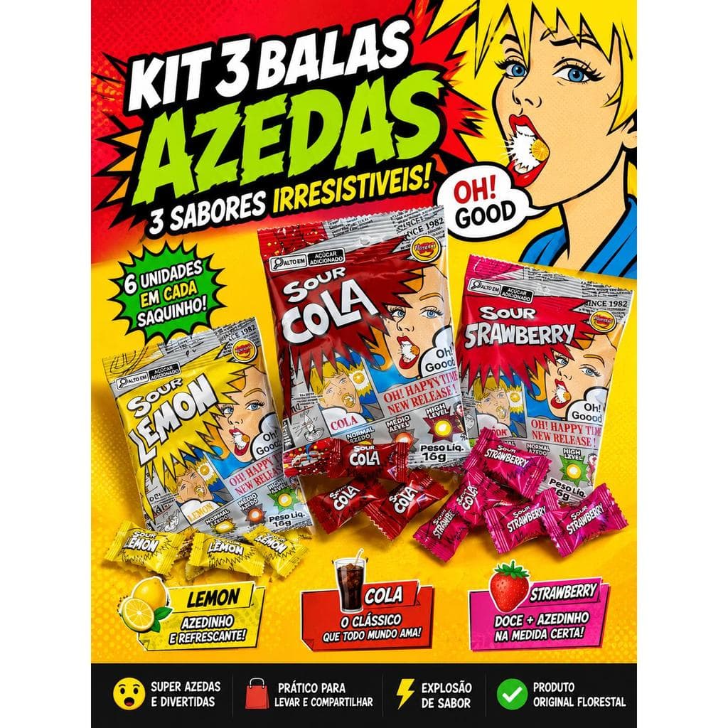 Kit 3 Balas Super Azeda - Ácida Sour Cola - Sour Lemon Happy Time - Sour Strawberry 16g cada