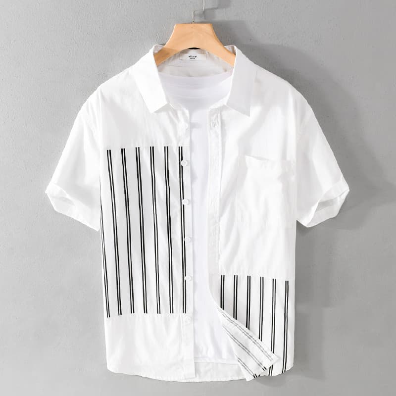 Verão novo produto masculino puro algodão camisa de manga curta verão estilo fino costura impresso camisa listrada japon