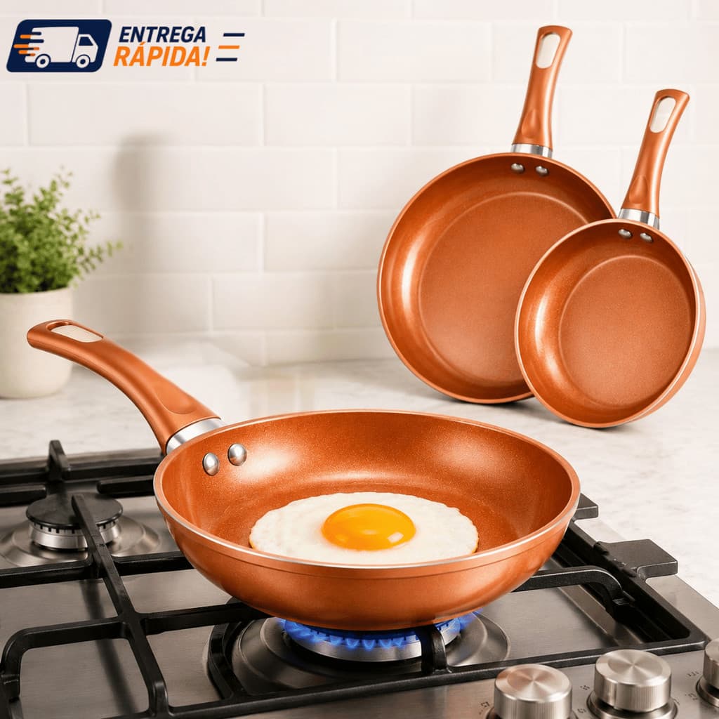 Kit Frigideira Cerâmica Antiaderente 17cm 21cm Rosê Cobre Não Gruda Cabo Antitérmico Cozinha Fogão Pequena E Grande