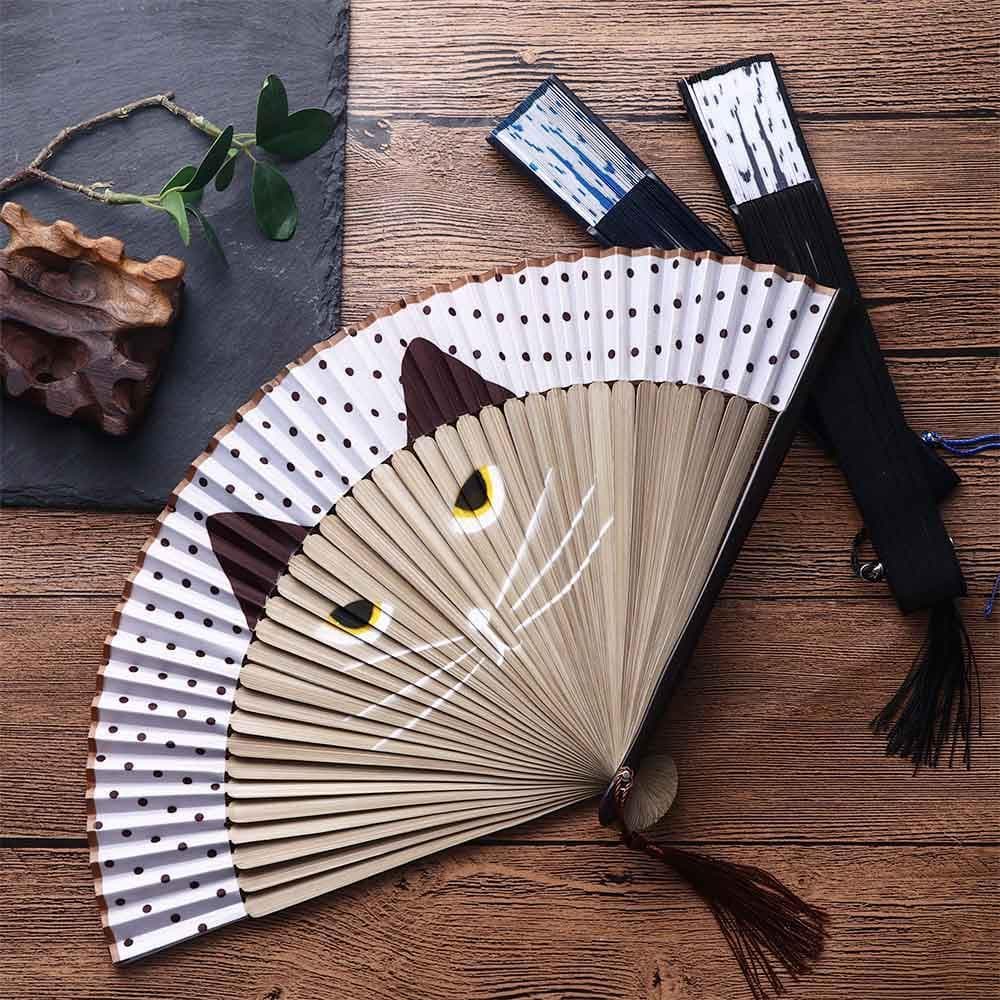 Ventilador Dobrável  Requintado Verão Estilo Chinês Qualidade Bambu Gato Padrões De Seda