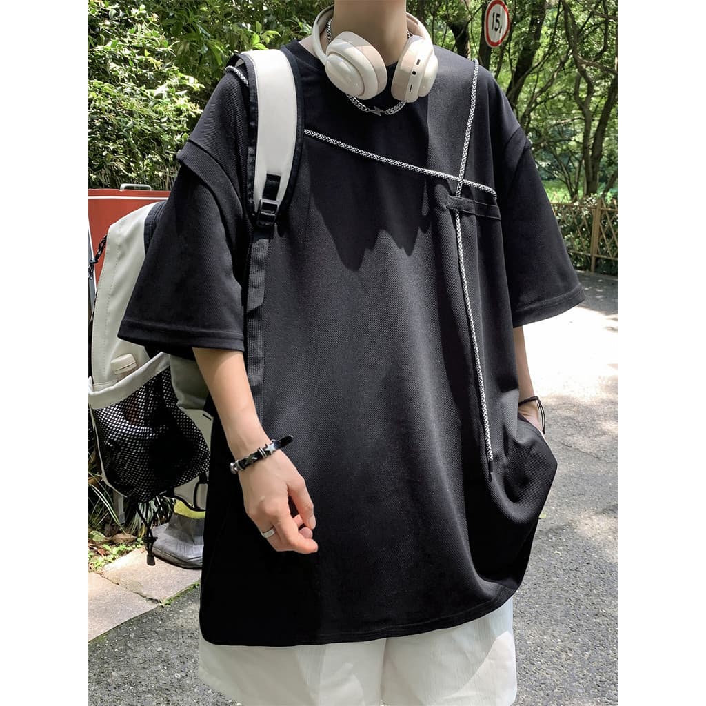 Camiseta de manga curta masculina verão novo estilo High street Design sentido cordão street Wear falso de duas peças am