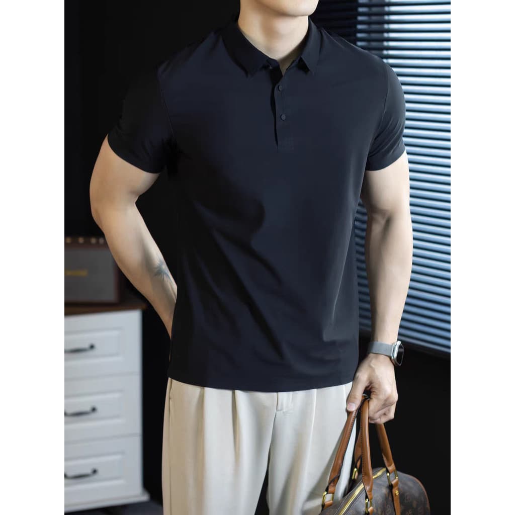 High-End negócios Casual sem costura gelo seda camisa polo de manga curta masculina cor sólida lapela camiseta estilo fi