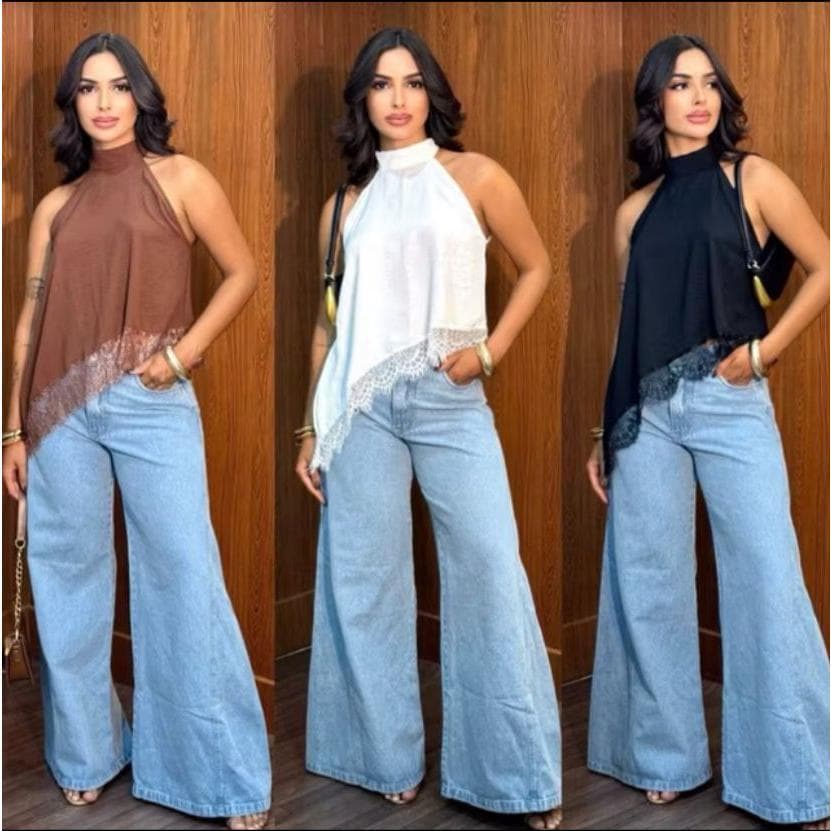 KIT 3 Blusa Femininas Assimetricas Com Renda Gola Alta Elegance