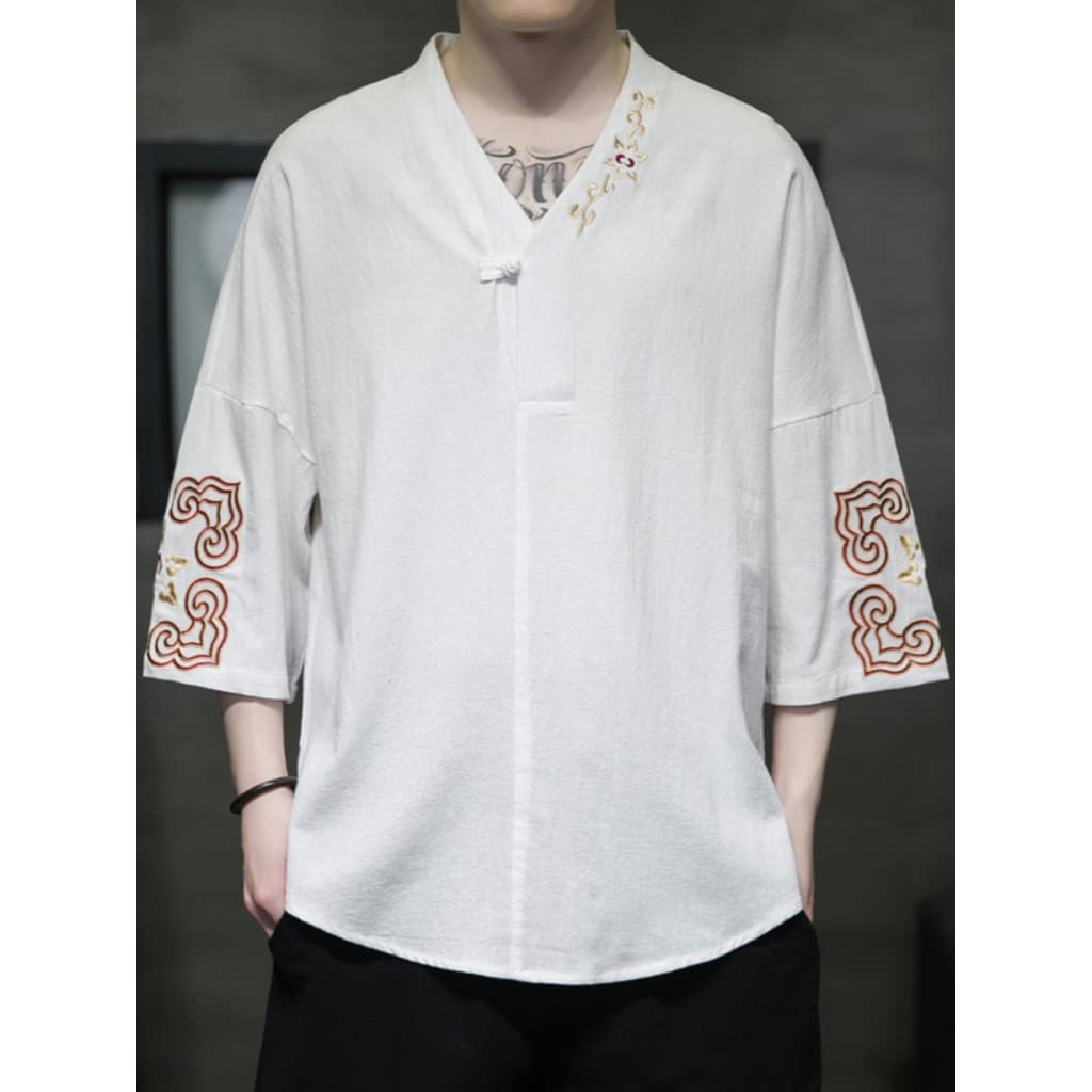 Antigo bordado com decote em V abotoado camiseta estilo chinês verão fino algodão linho de manga curta camiseta masculin