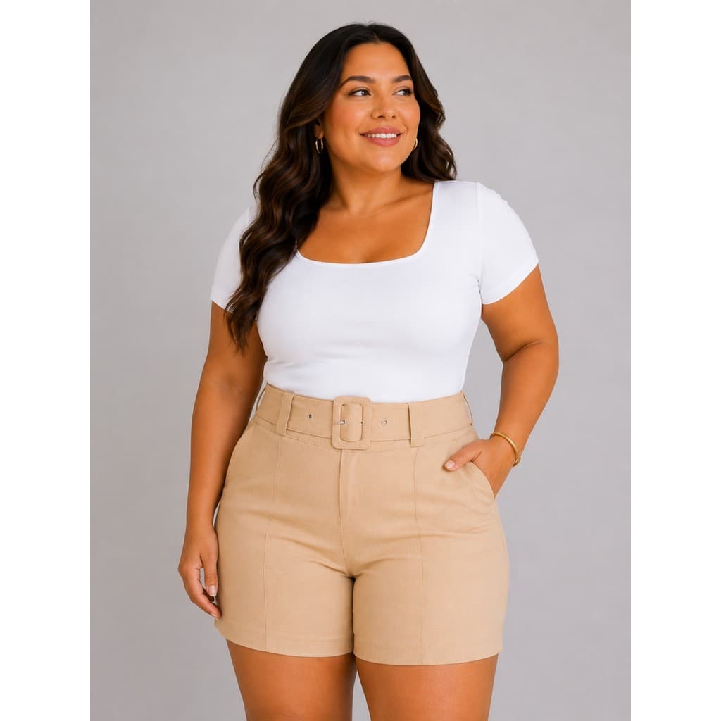 Bermuda Curta Feminina Social Plus Cinto e Fivela Elegante e Versátil Tecido Premium para usar no dia a dia do 40 ao 52