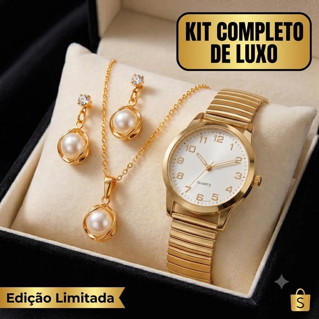 Relógio Feminino Analógico Cobra Oval Pulseira Elástica + Colar e Brincos Kit Feminino Presente Elegante