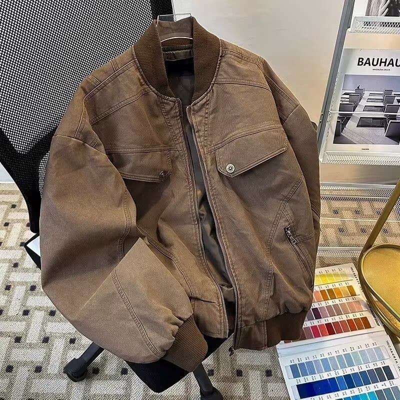 Jaqueta de Beisebol Masculina Oversized 110kg, Algodão Lavado, Estilo Retrô, Streetwear Juvenil DJKF