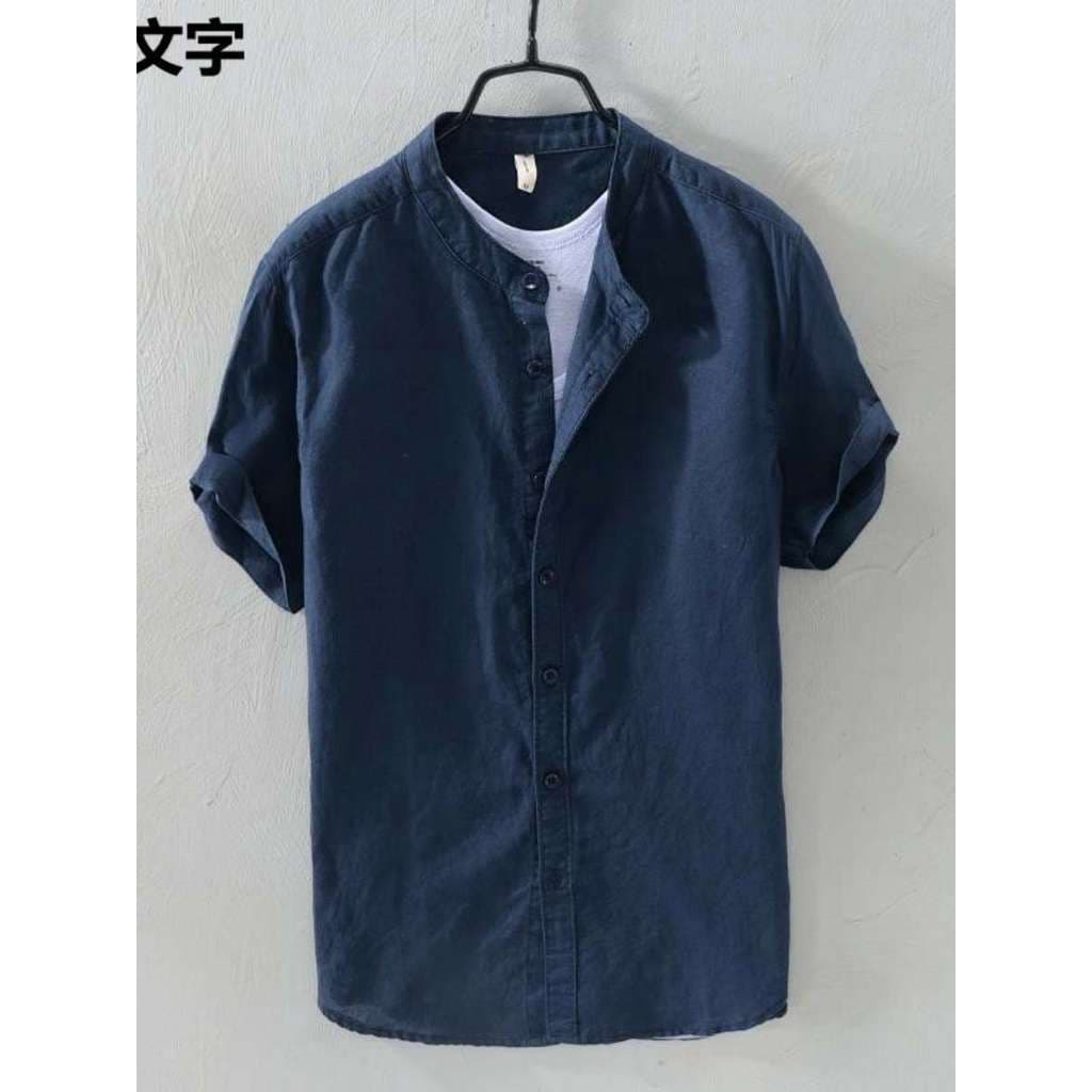 Novo estilo chinês gola alta camisa de linho masculina de manga curta camisa de linho de algodão verão estilo fino solto