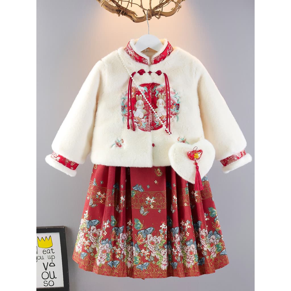 Saia de rosto de cavalo meninas forro de lã espessamento terno outono inverno novo ano novo chinês roupas meninas crianç