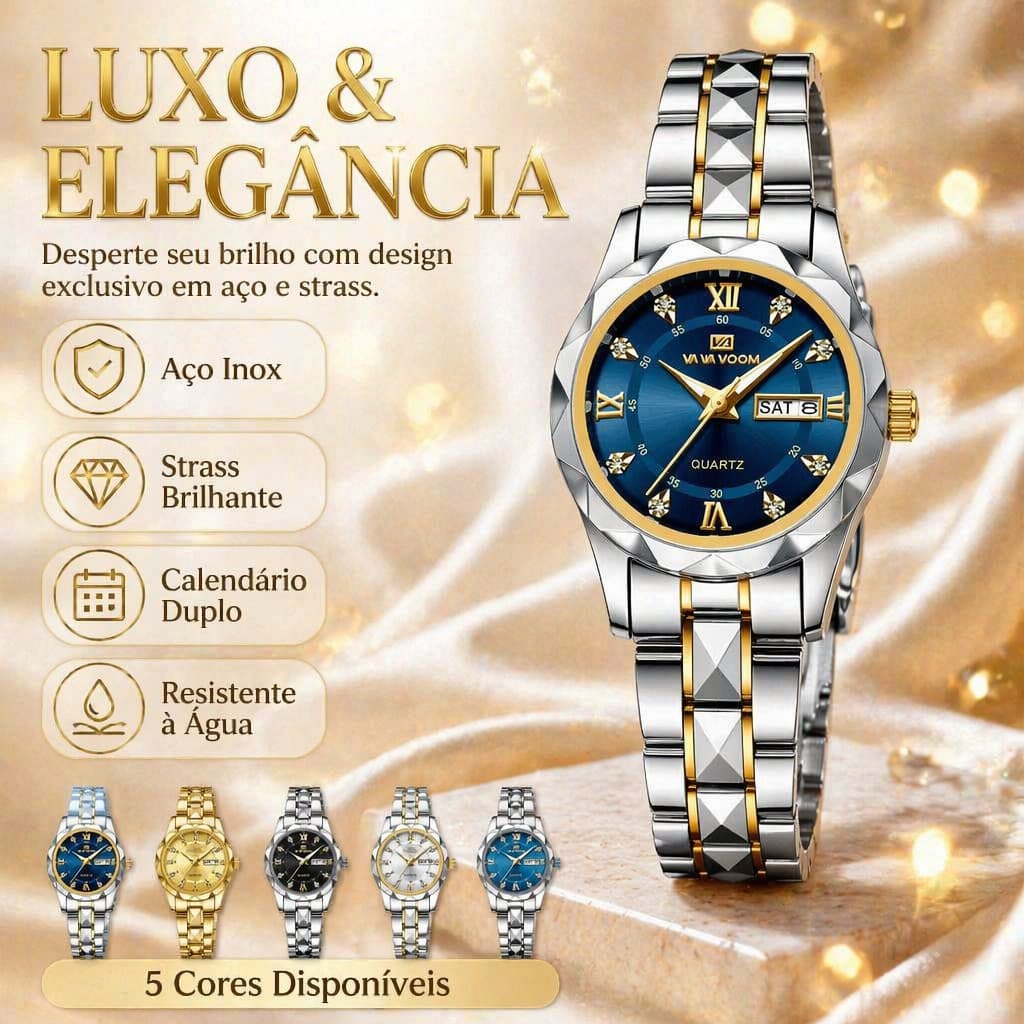Relógio Feminino Quartzo Luxo Aço Inoxidável Duplo Calendário Strass Elegante À Prova D'água Pulseira Metálica Relógio
