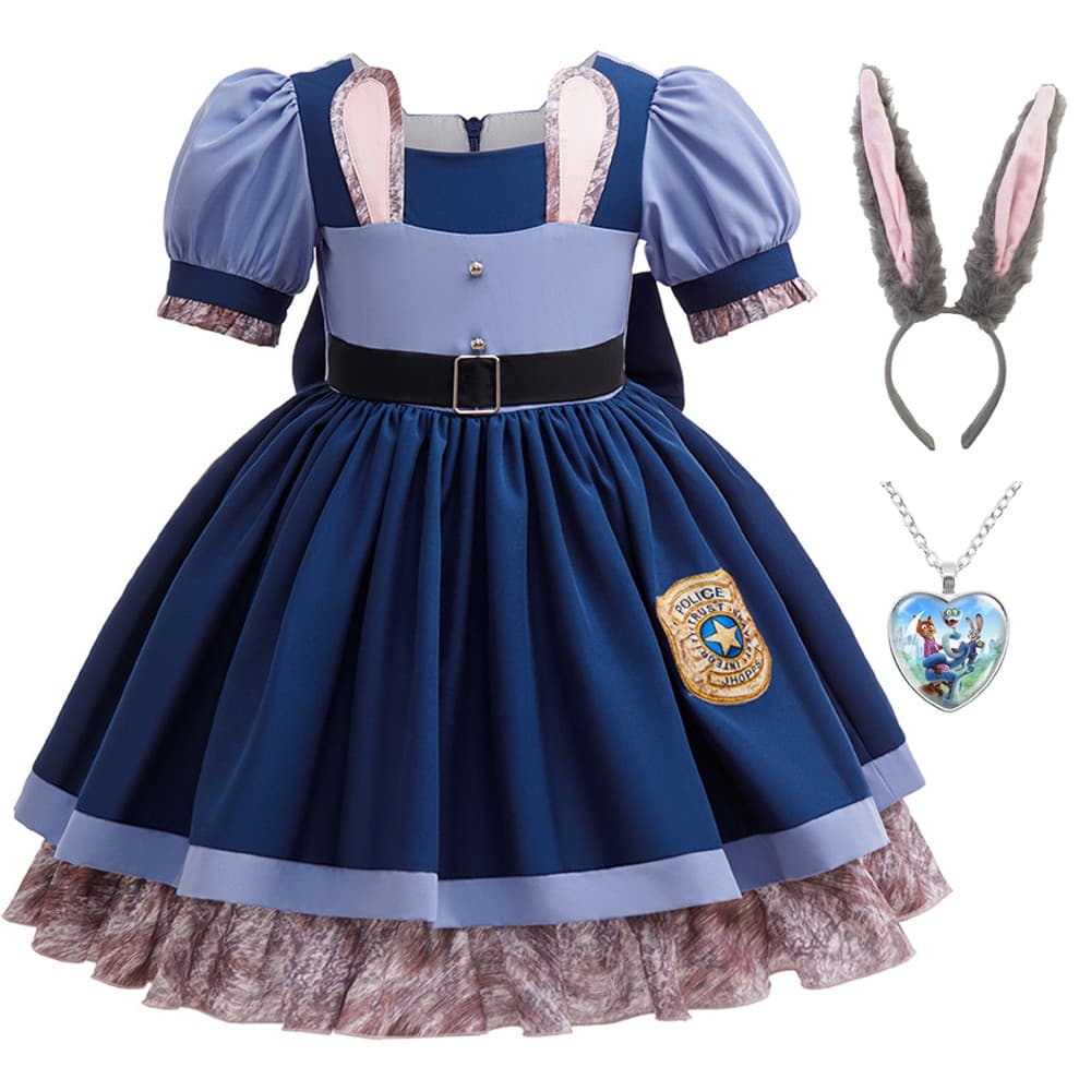 Fantasia de Cosplay para Meninas Judy Polícia Vestido de Princesa para Festa de Carnaval com Mangas Bufantes Vestido de