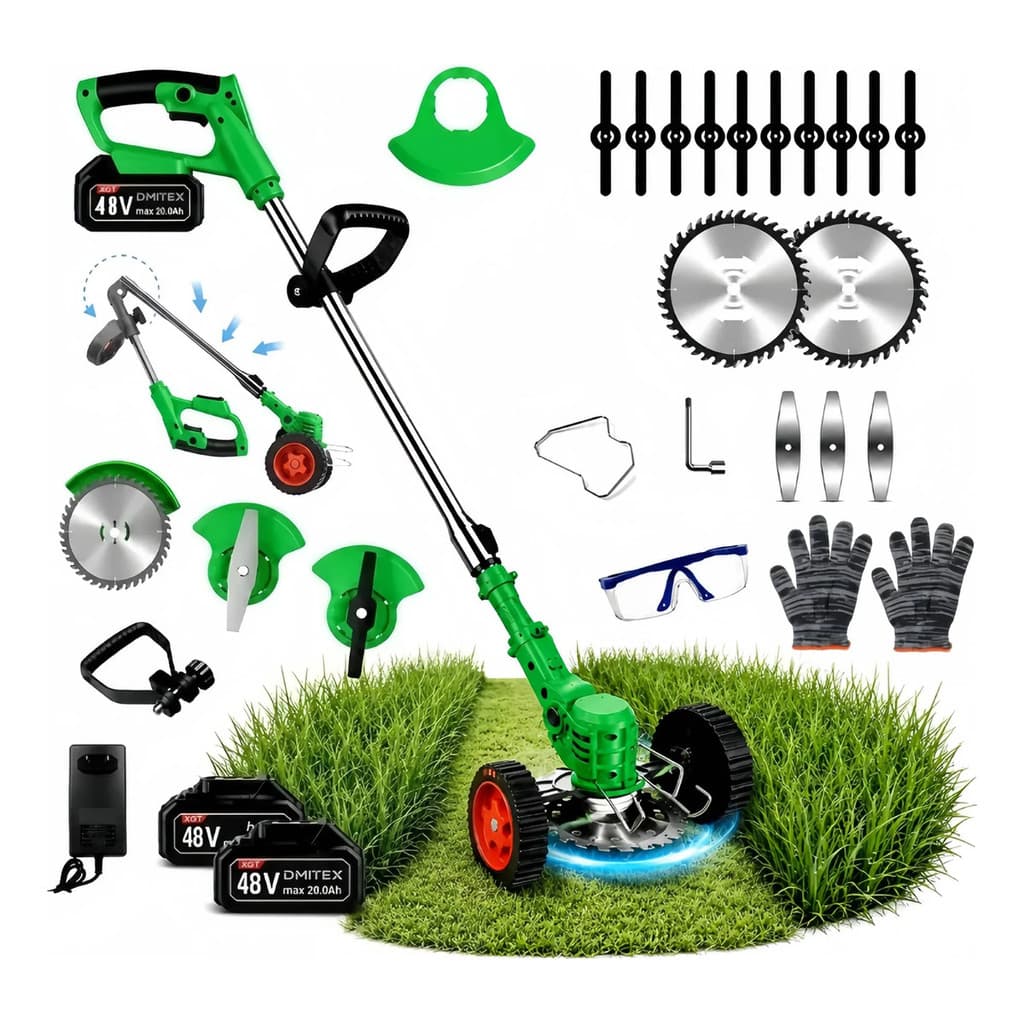 Roçadeira Aparador Cortador De Grama Elétrico Recarregável Com Rodas 2 Baterias 48v de Lítio kit completo