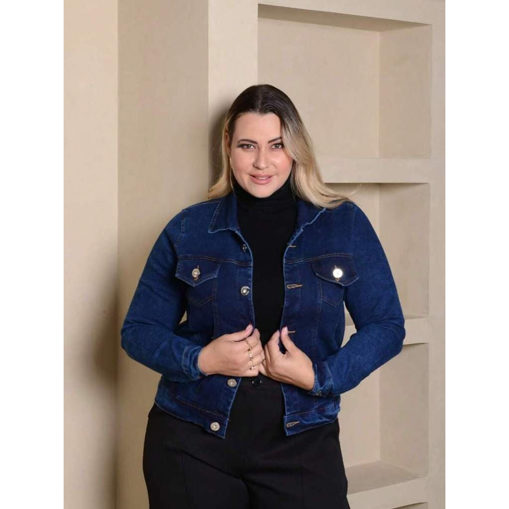 jaqueta Jeans Feminina plus size Com Elastano manga longa outono inverno