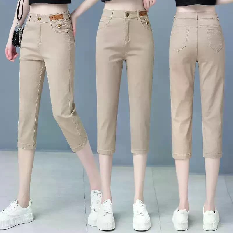 Calças cortadas cáqui femininas verão Jeans finos cintura alta solta mais magro olhar Harem papai calças com zíper cintu