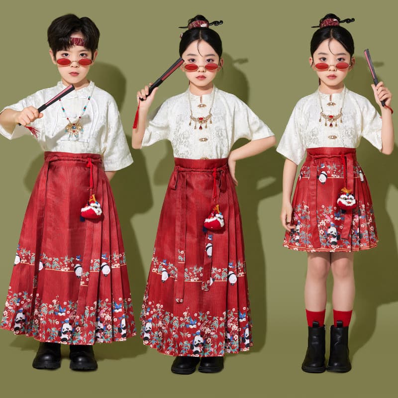 Dia das crianças dia das crianças desempenho traje meninos meninas chinesas Hanfu cavalo rosto saia desempenho traje cor