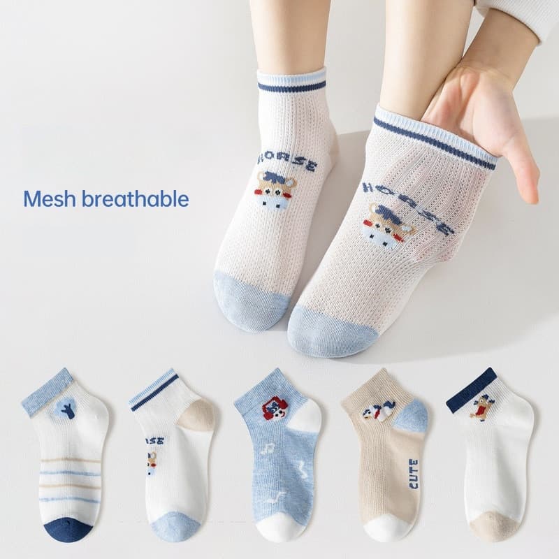 [5PCS] Meias de algodão respiráveis de malha para meninos estilo fino de verão