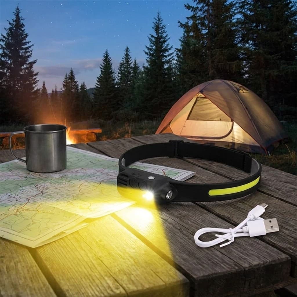 Farol Lanterna de Cabeça Recarregável com Sensor Mãos Livres LED para Camping Caça e Aventura