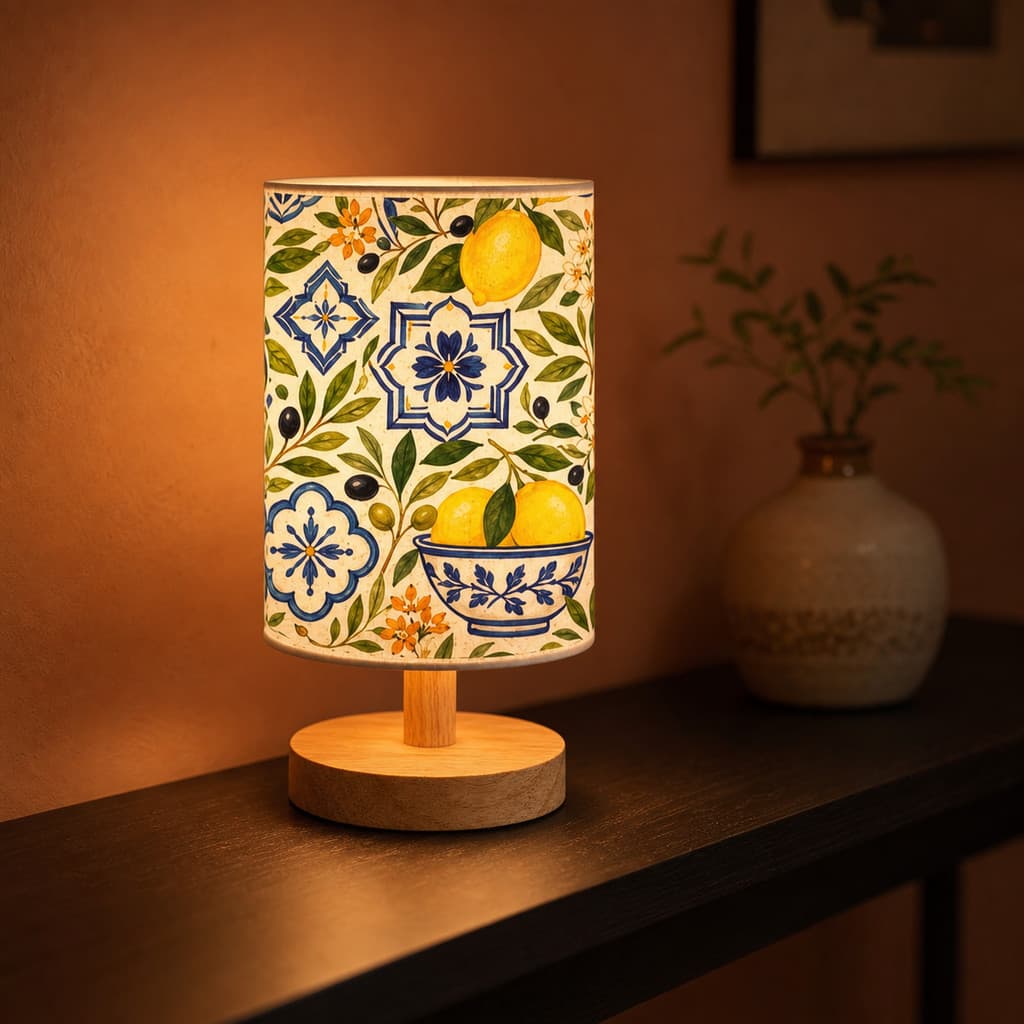Candeeiro De Mesa Em Azulejo Limão E Azul Com Base De Madeira-Cabeceira Decorativo Para Quarto , Sala De Estar