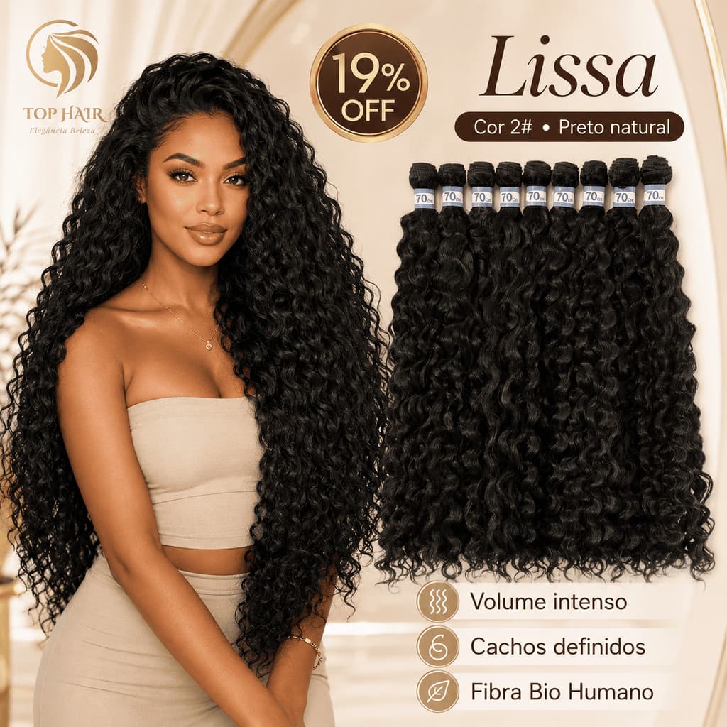 Cabelo Fibra Bio Humano Cacheado 70cm 9Telas 320gr Top Hair LISSA