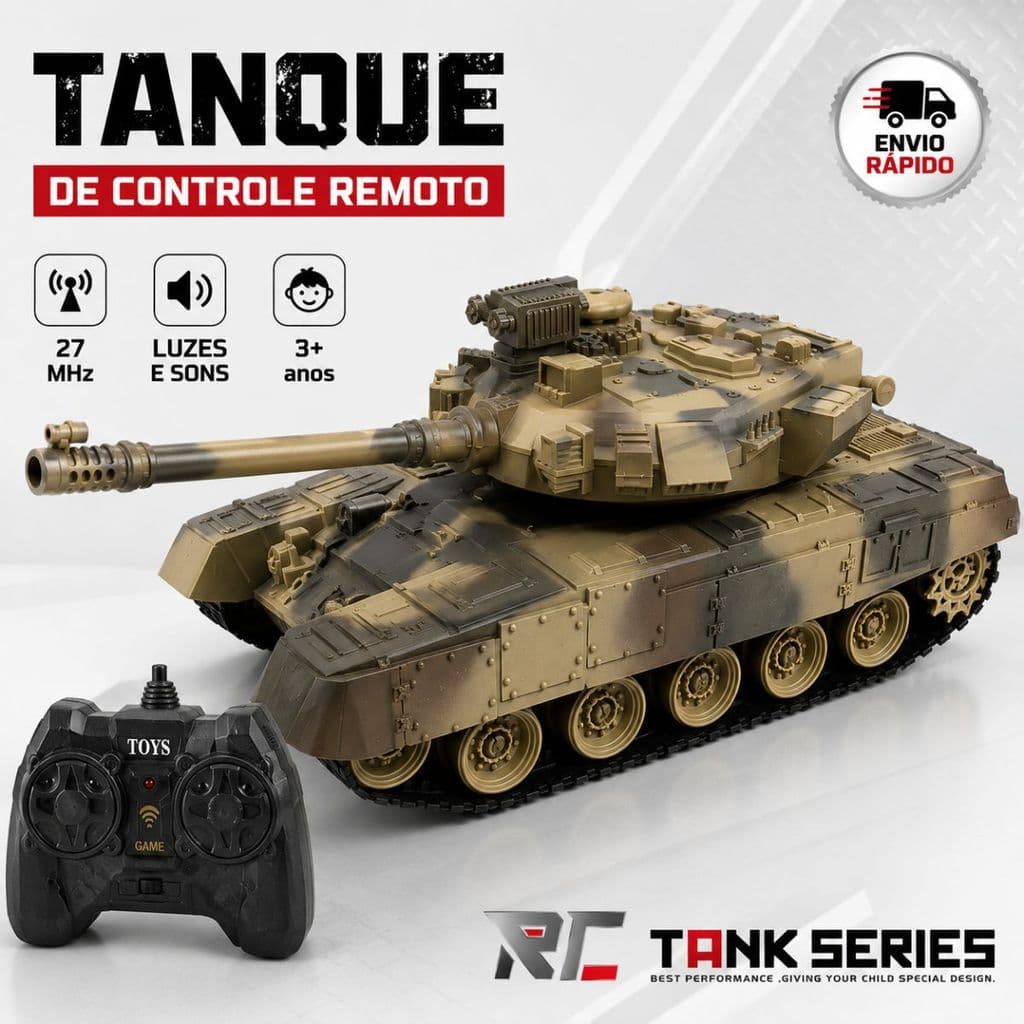 Tanque de Guerra Controle Remoto RC 27MHz com Luzes e Sons Brinquedo Militar Infantil 3+ Anos