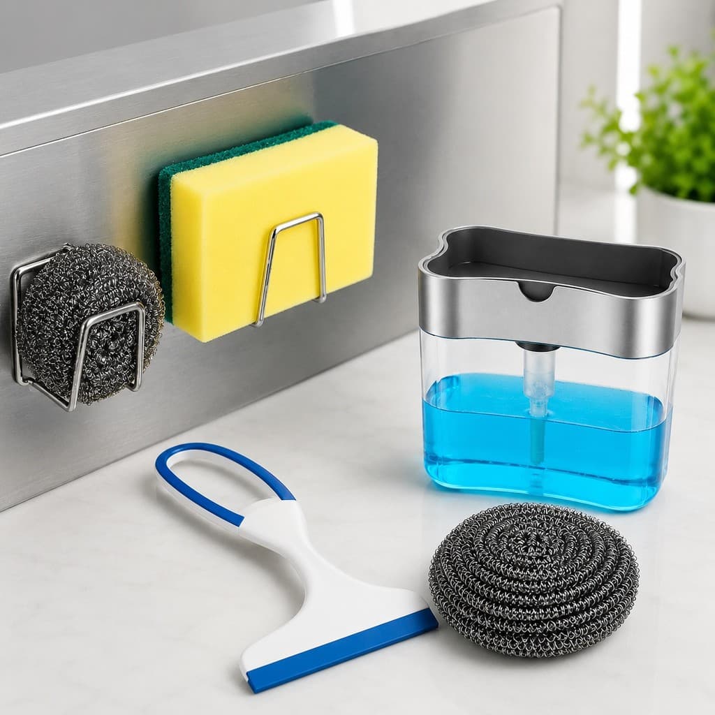 Dispenser de Detergente Porta Sabão Líquido + Suporte Bucha Inox + Esponja de Aço + Rodinho Multiuso + Bucha
